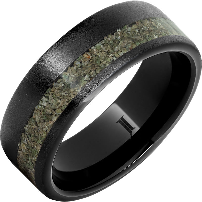 Black Diamond Ceramic™ Ring with Green Dinosaur Bone Inlay and Stone Finish