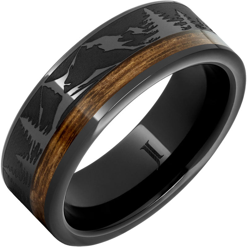 Black Diamond Ceramic™ Ring with Bourbon Barrel Inlay And Mountain Pine Forest Engraving