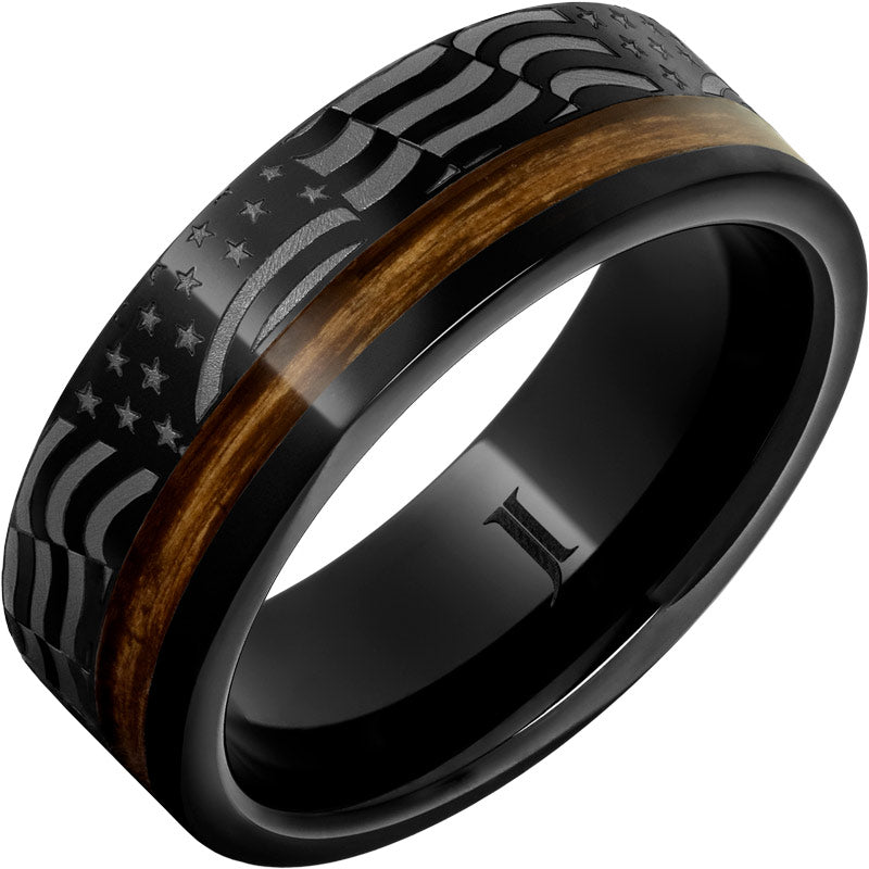 Whiskey Rebellion - Black Diamond Ceramic™ Ring with Bourbon Barrel Inlay and American Flag Engraving