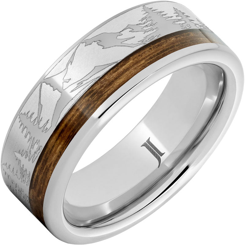 Serinium® Ring with Bourbon Barrel Inlay And Mountain Pine Forest Engraving