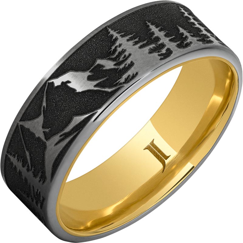 Hidden Gold™ 10k Inlay Rugged Tungsten™ Mountain Pine Forest Ring