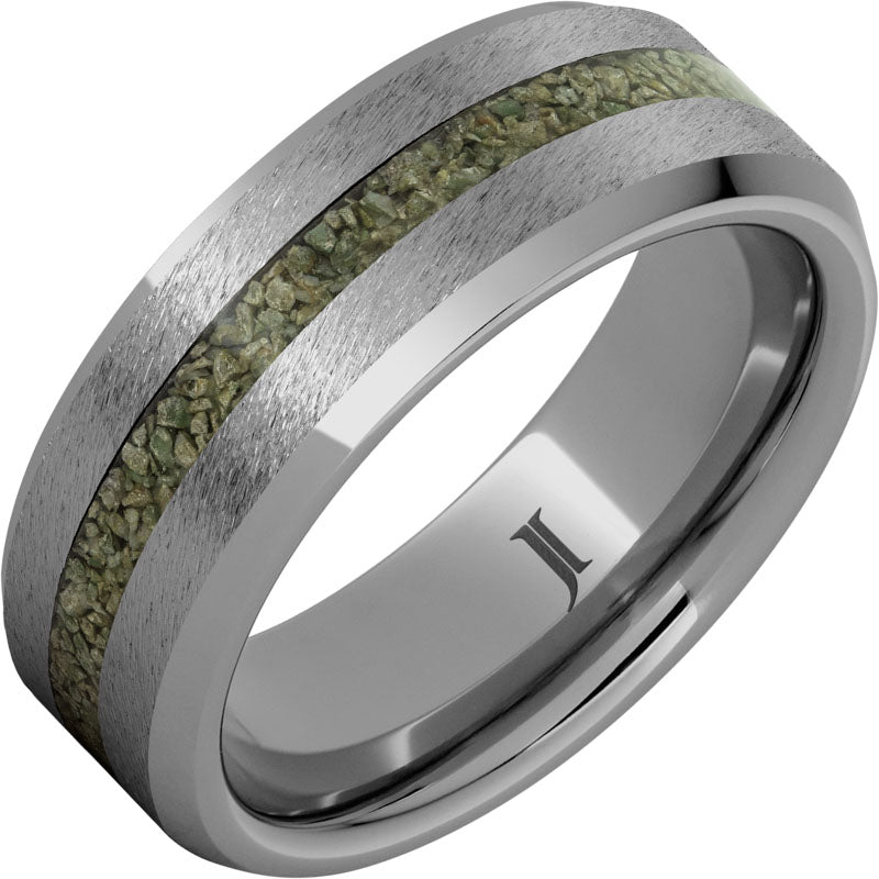 Rugged Tungsten™ Ring with Rare Green Fossil Dinosaur Bone Inlay