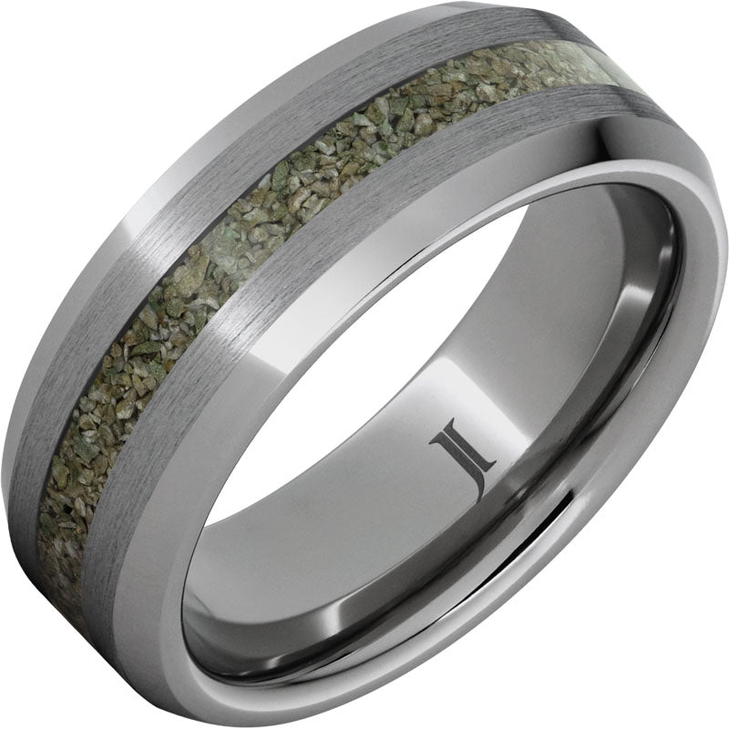 Rugged Tungsten™ Ring with Rare Green Fossil Dinosaur Bone Inlay