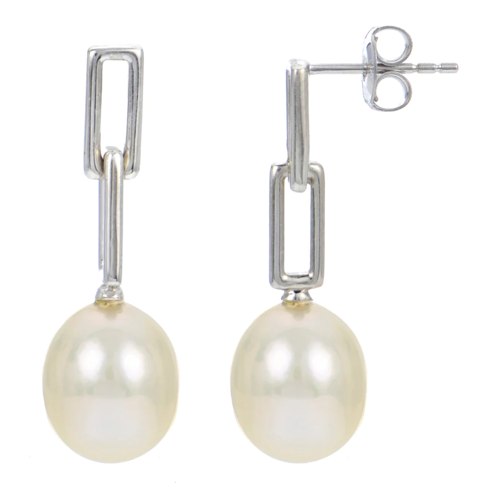 Sterling Silver Freshwater Pearl Paperclip Drop Earring