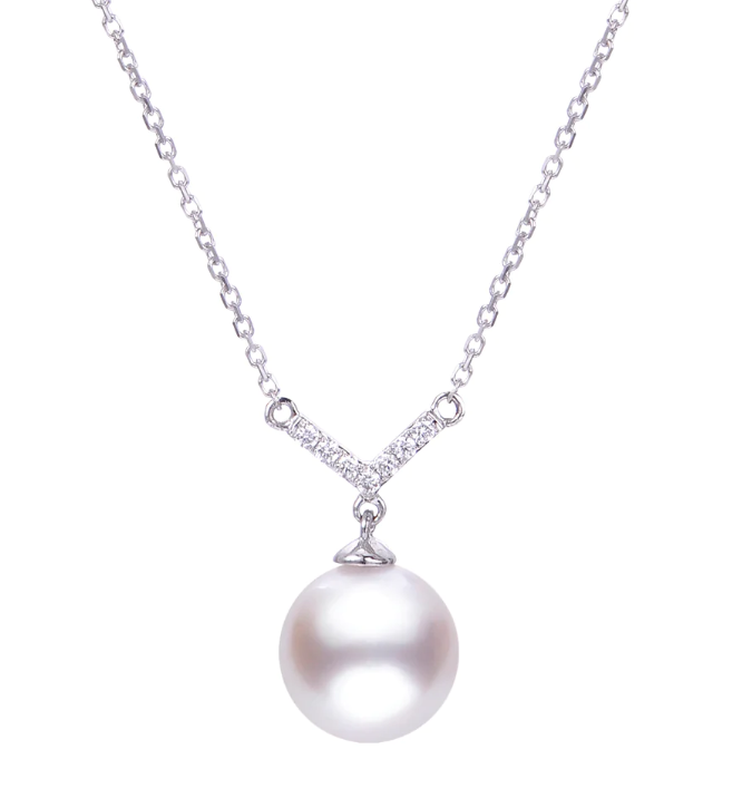 14KT White Gold Akoya Pearl V-Necklace