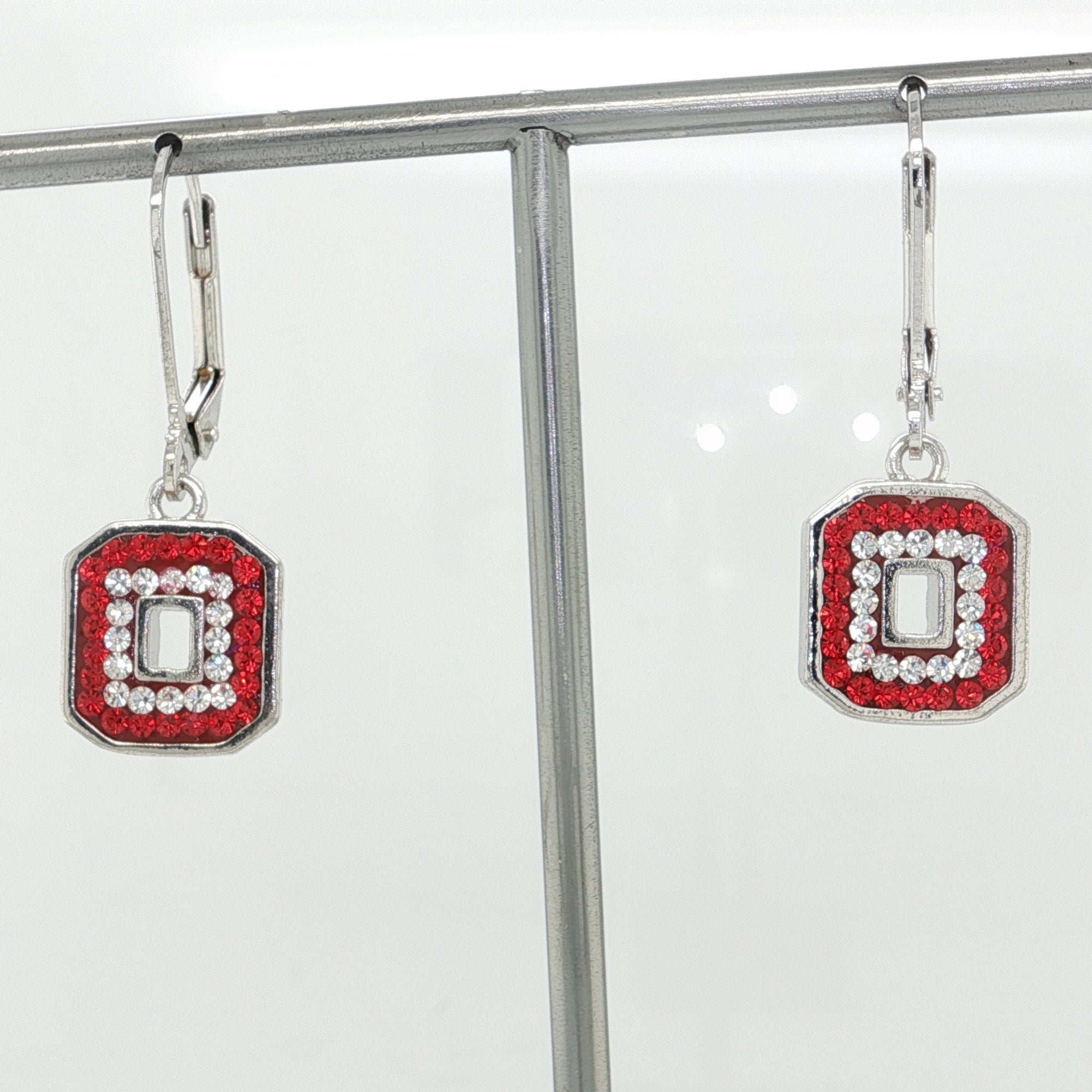 Block "O" Leverback Crystal Earrings - Red Outer Clear Inner