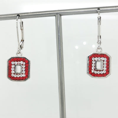 Block "O" Leverback Crystal Earrings - Red Outer Clear Inner