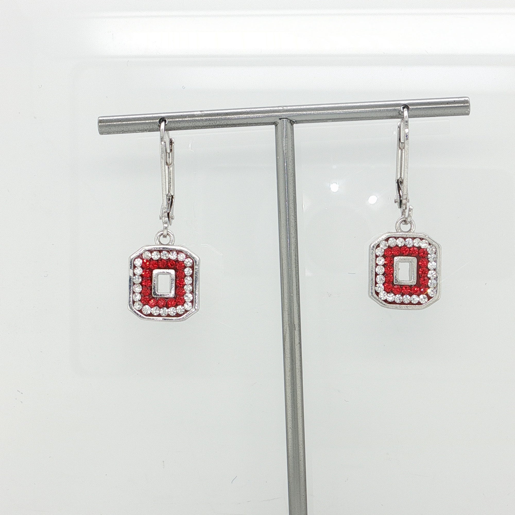 Block "O" Leverback Crystal Earrings - Clear Out Red In