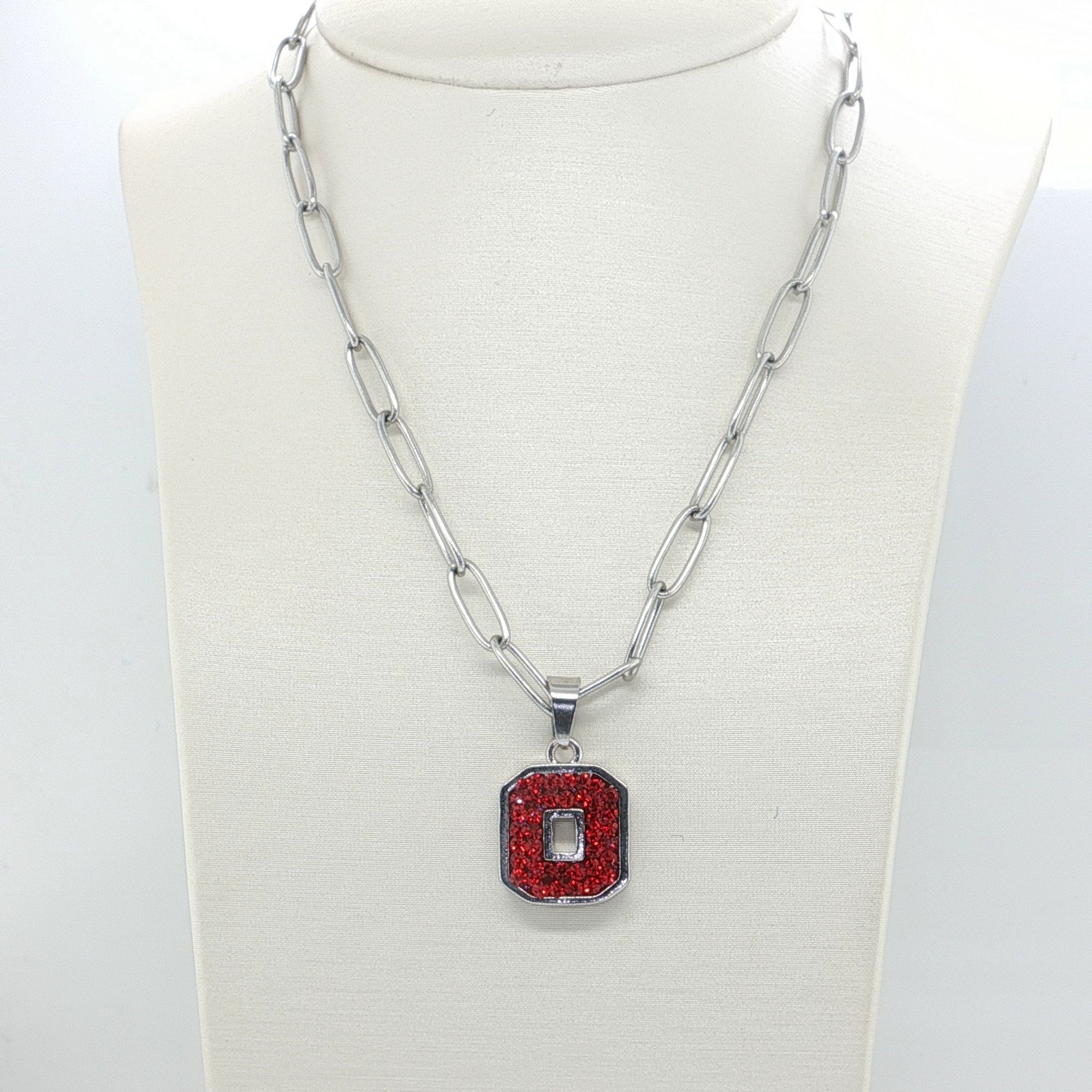 Block "O" Pendant on Paperclip Chain - ALL RED