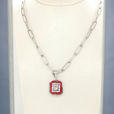 Block "O" Pendant on Paperclip Chain - Red Outer Clear Inner