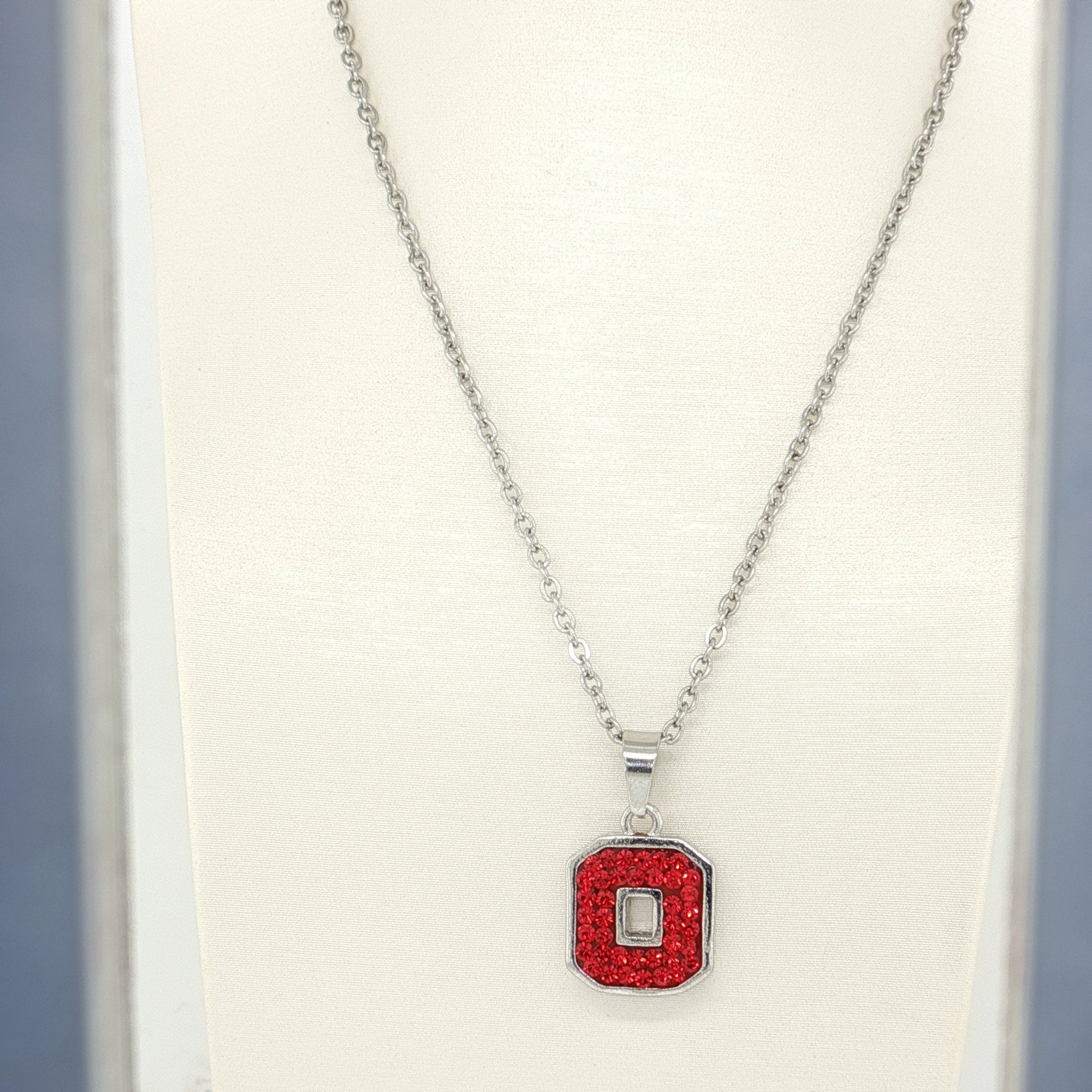 Block "O" Pendant on Brass Rhodium Chain - ALL RED