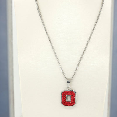 Block "O" Pendant on Brass Rhodium Chain - ALL RED