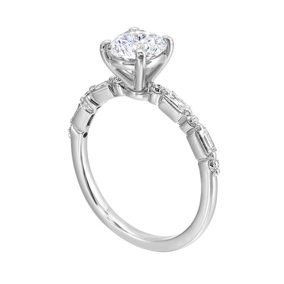 14k White Gold & Diamond Ring with Round + Baguette Side Stones