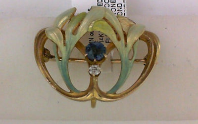 14k Yellow Gold Beautiful Painted Floral Brooch with Gemstones