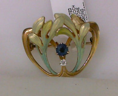 14k Yellow Gold Beautiful Painted Floral Brooch with Gemstones