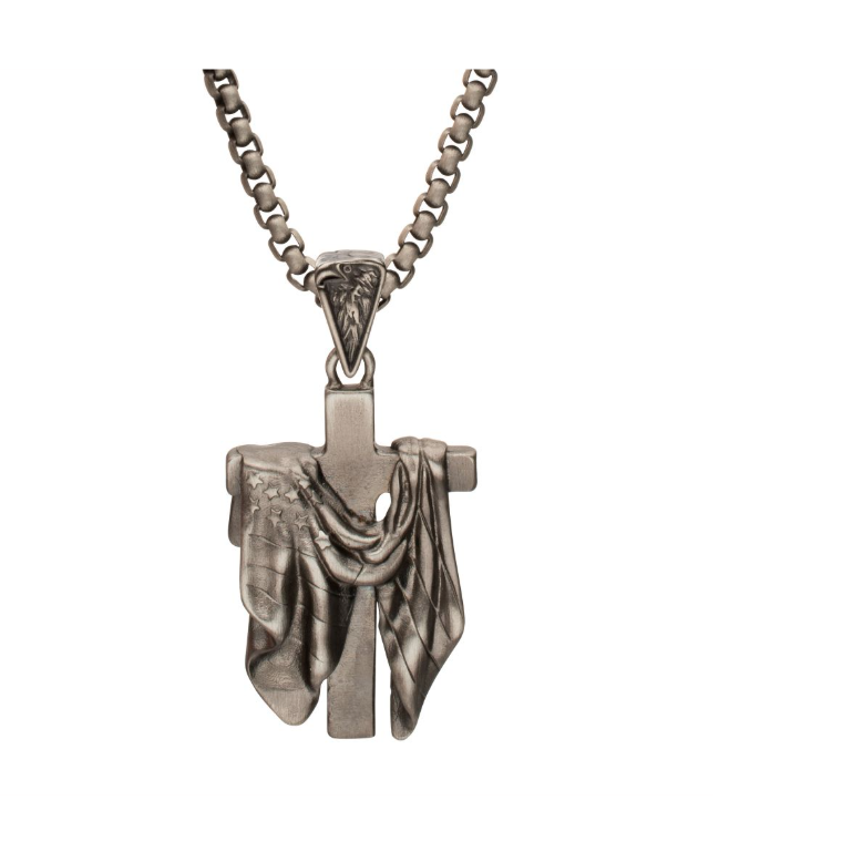 EST. 1776: Antique Finish Stainless Steel 3D Cast Flag-Draped Cross with Eagle Bail, Engraved "In God We Trust" Pendant