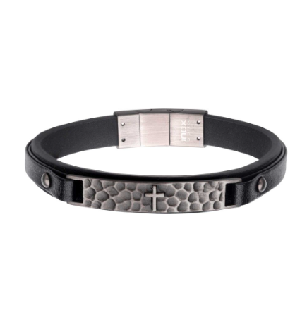 Black Leather Strapped with Cross Hammered ID Bracelet