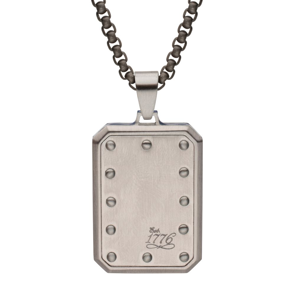 Men's EST. 1776: Matte Stainless Steel Minutemen Engravable Dog Tag Flag Pendant with Black Bold Box Chain. Pendant: 41mm Drop, 33.5mm (L) x 22mm (W) x 4.6mm (THK).