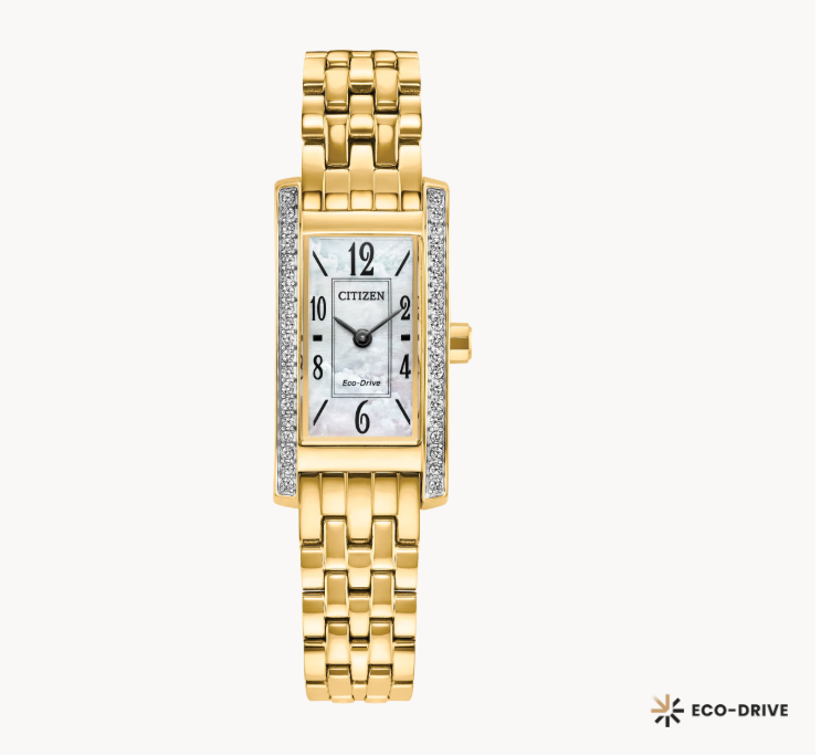 Petite Citizen Eco-Drive "Palidoro" - Yellow Gold-Tone Crystal-Accented Rectangular Watch