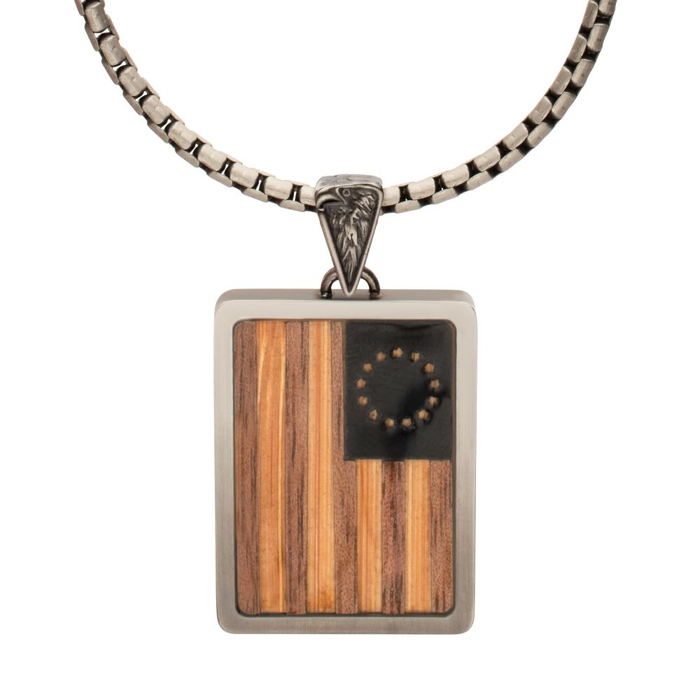 Men's EST. 1776: Antique Finish Stainless Steel Frame; Wood Inlay Flag Pendant with Boston Link Chain. Pendant: 39mm Drop, 33mm (L) x 21.8mm (W) x 2.9mm (THK)