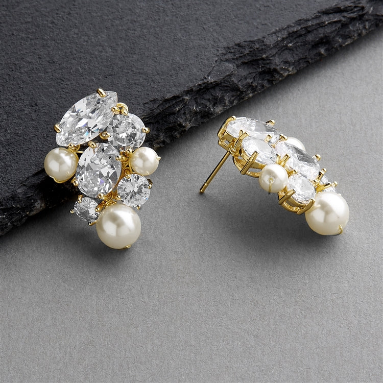 Handcrafted Cubic Zirconia and Mixed Ivory Pearl Cluster Earrings