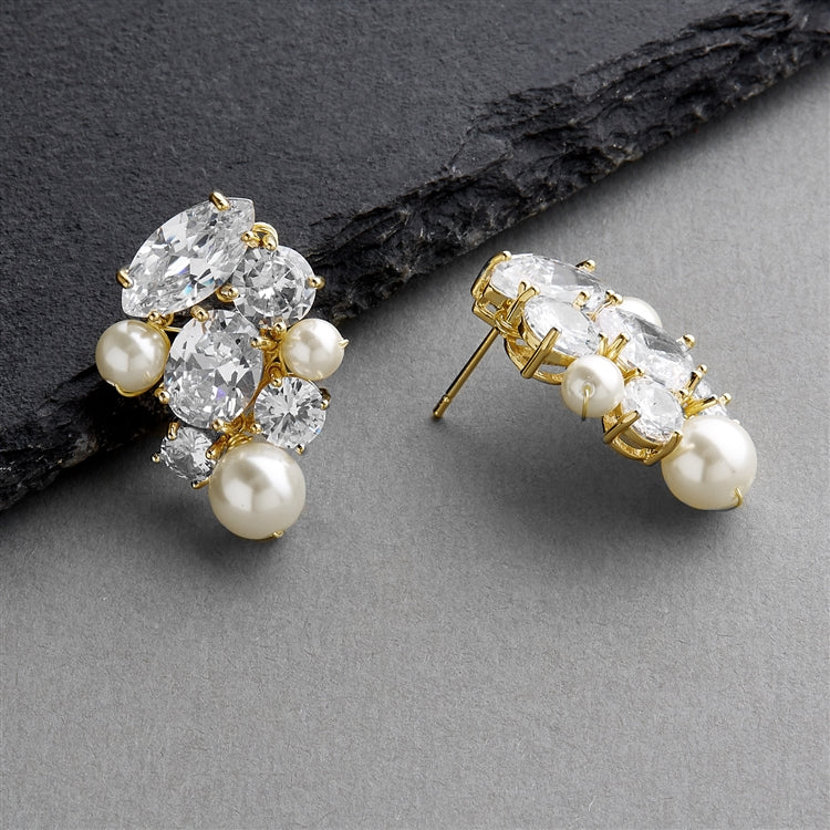 Cubic Zirconia and Mixed Ivory Pearl Cluster Earrings