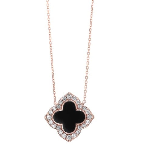 Diamond Clover Onyx & Diamond Pendant Necklace in 14k Yellow Gold (1/4ctw)