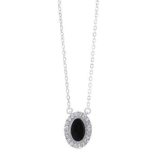 Diamond & Onyx Oval Vintage Pendant Necklace in Sterling Silver (1/10ctw)