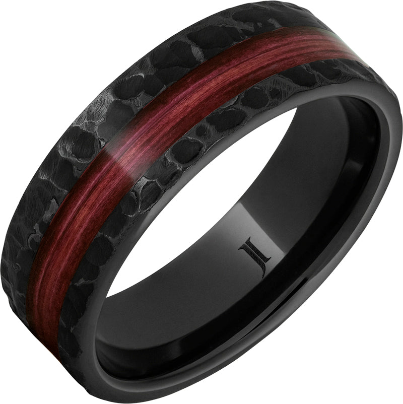 Barrel Aged™ Black Diamond Ceramic™ Ring with Cabernet Wood Inlay and Moon Crater Carving