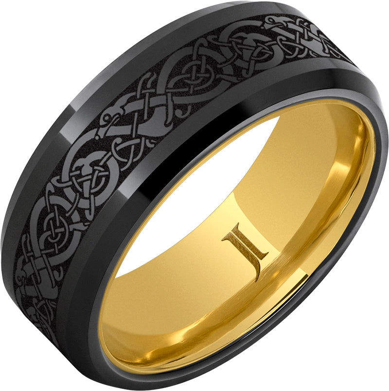 The Viking - Black Diamond Ceramic™ Engraved Ring with Hidden Gold™ Interior