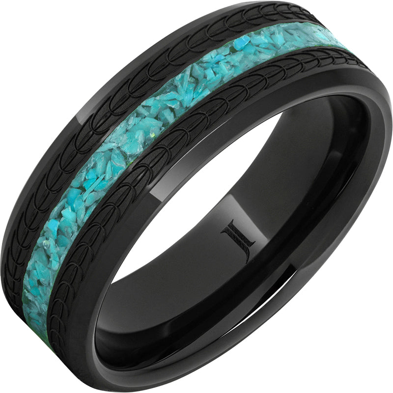 Black Diamond Ceramic ™Turquoise Ring with Eagle Feather Engraving