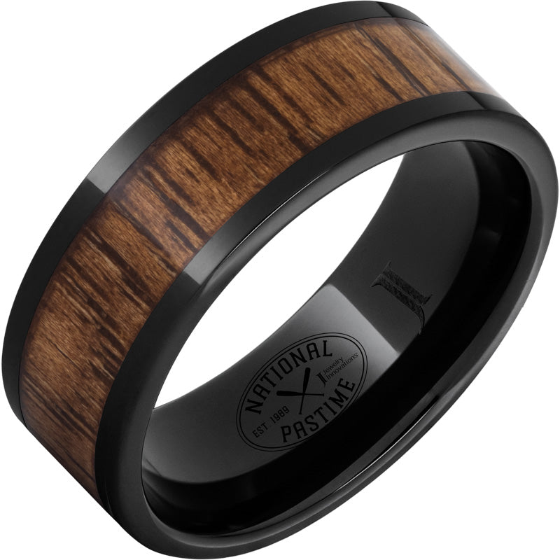 Black Diamond Ceramic™ Ring with Vintage Hickory Baseball Bat Wood Inlay