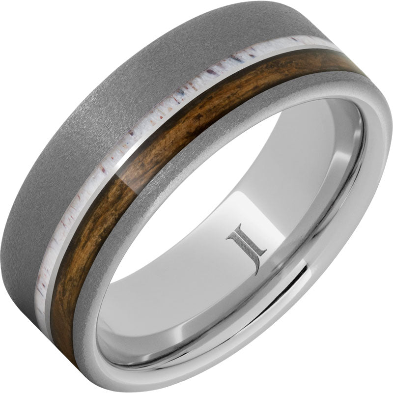 Barrel Aged™ Serinium® Ring with Antler and Bourbon Wood Inlays and Sandblast Finish