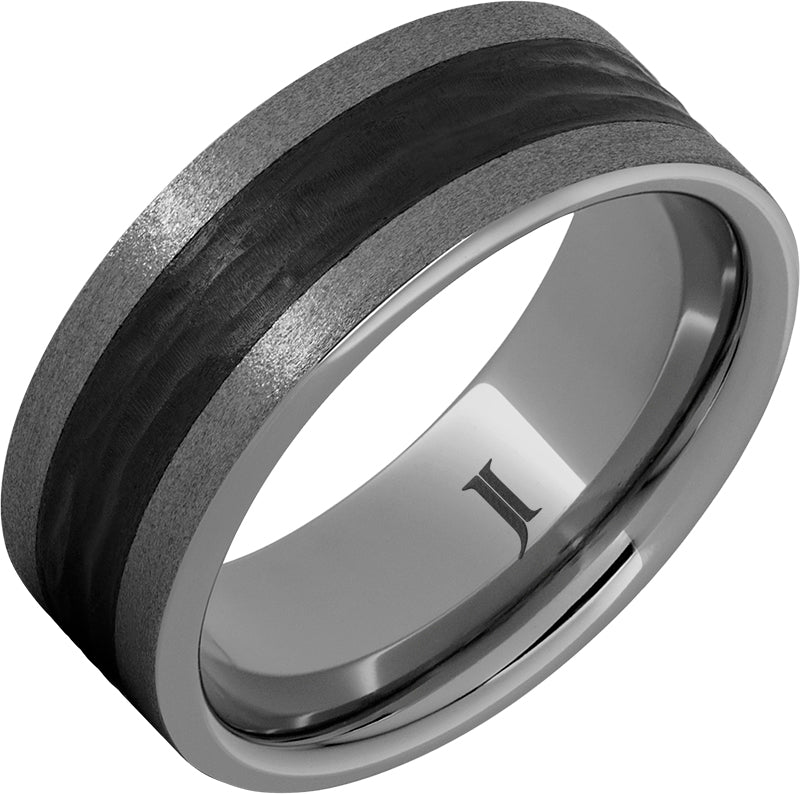 Rugged Tungsten™ Ring With Bark Carved Black Ceramic Inlay and Stone Finish