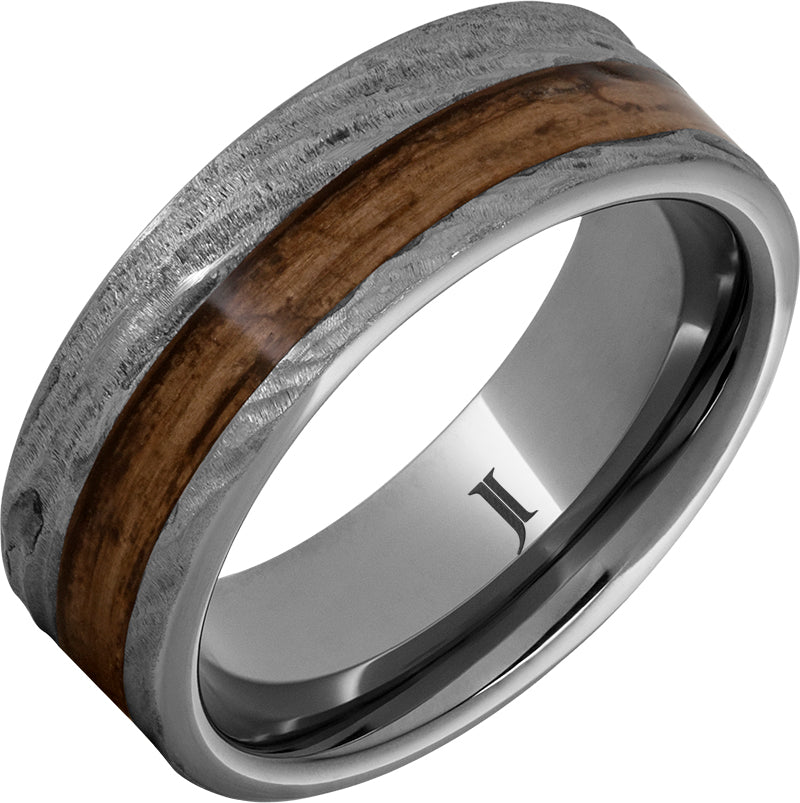 Barrel Aged™ Rugged Tungsten™ Ring with Bourbon Wood Inlay and Bark Finish