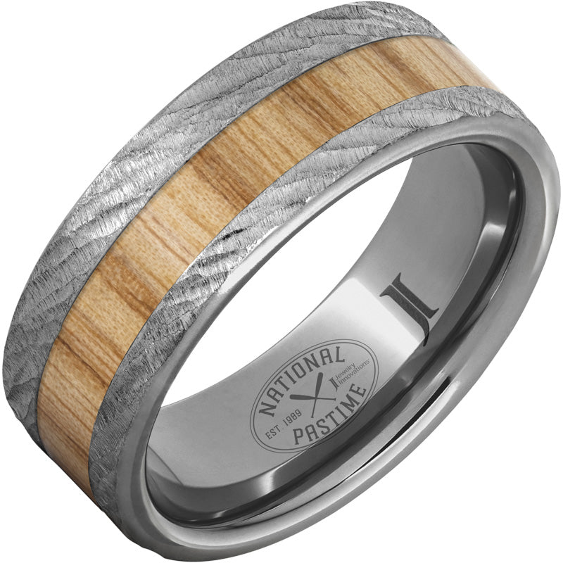 National Pastime Collection™ Rugged Tungsten™ Ring with White Ash Vintage Baseball Bat Wood Inlay and Bark Finish