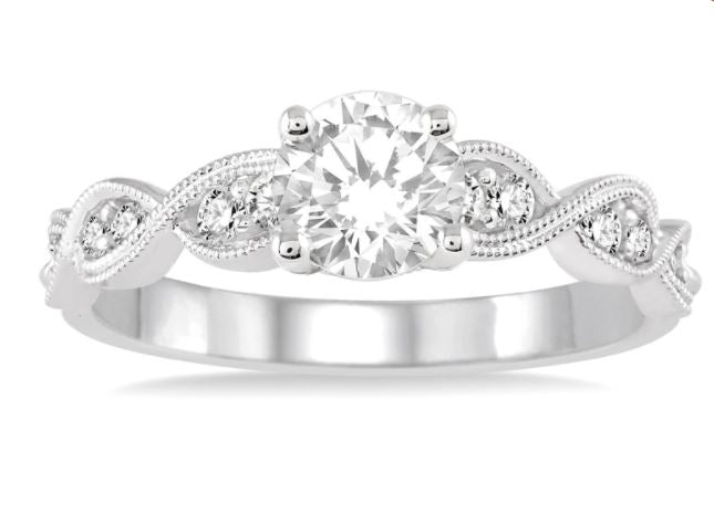 14K White Gold Vintage Engagement Ring with Milgrain Finish